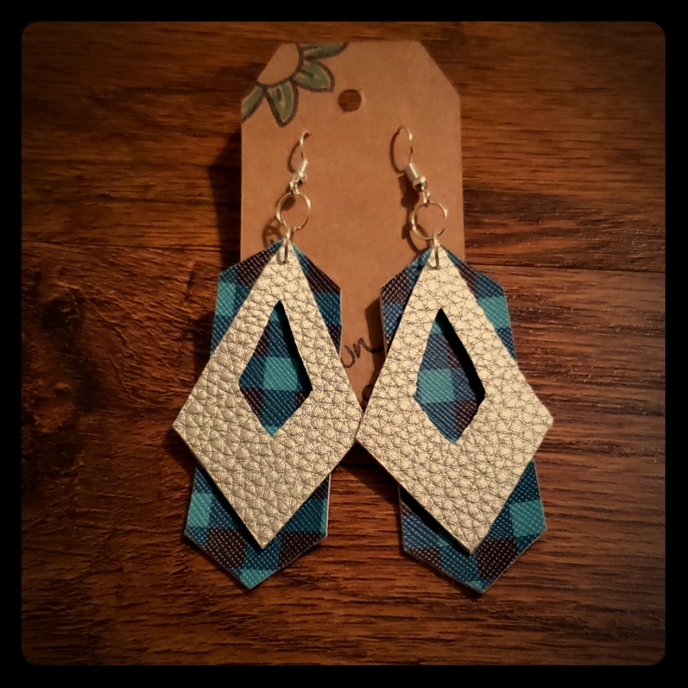 Blue plaid and silver faux leather earrings